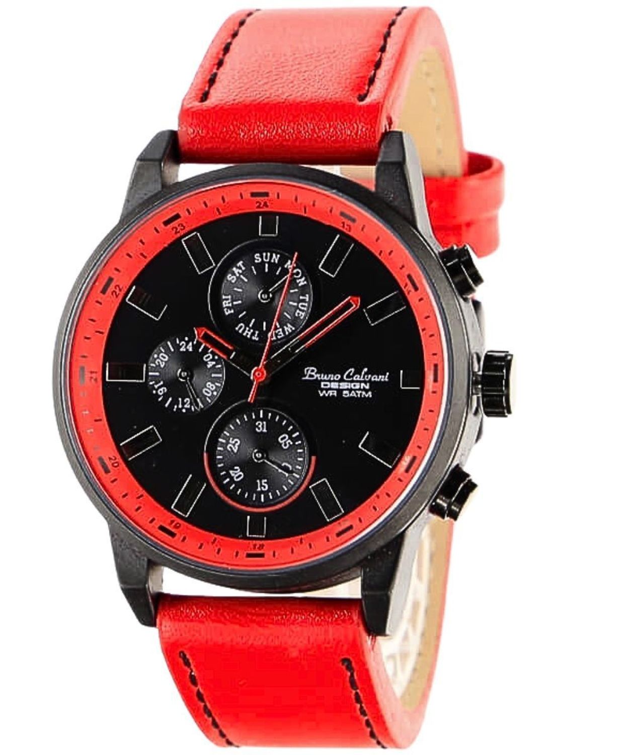 Bruno Calvani BC1377 RED – męski zegarek kwarcowy, czerwony pasek, czarna tarcza red...jpg